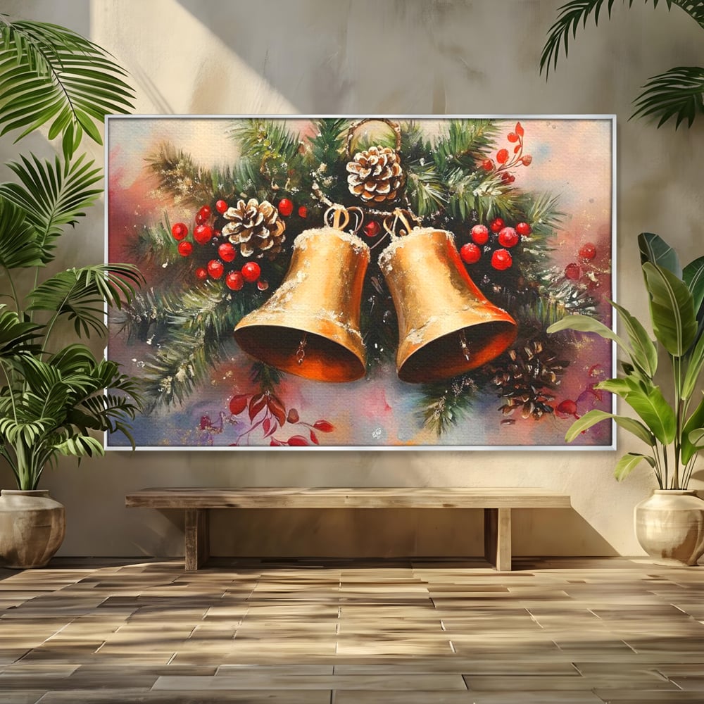 Tablou canvas cu tablou canvas cu clopotei aurii si conuri, in rama de aluminiu argintiu